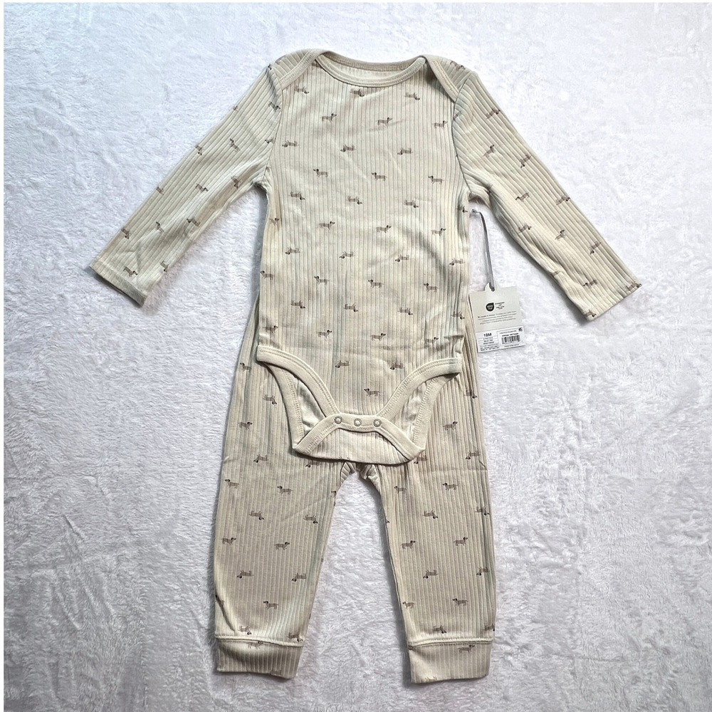 Cloud Island Baby 18M 2pc Ribbed Bodysuit Pants Set Beige Dachshund Dog Print